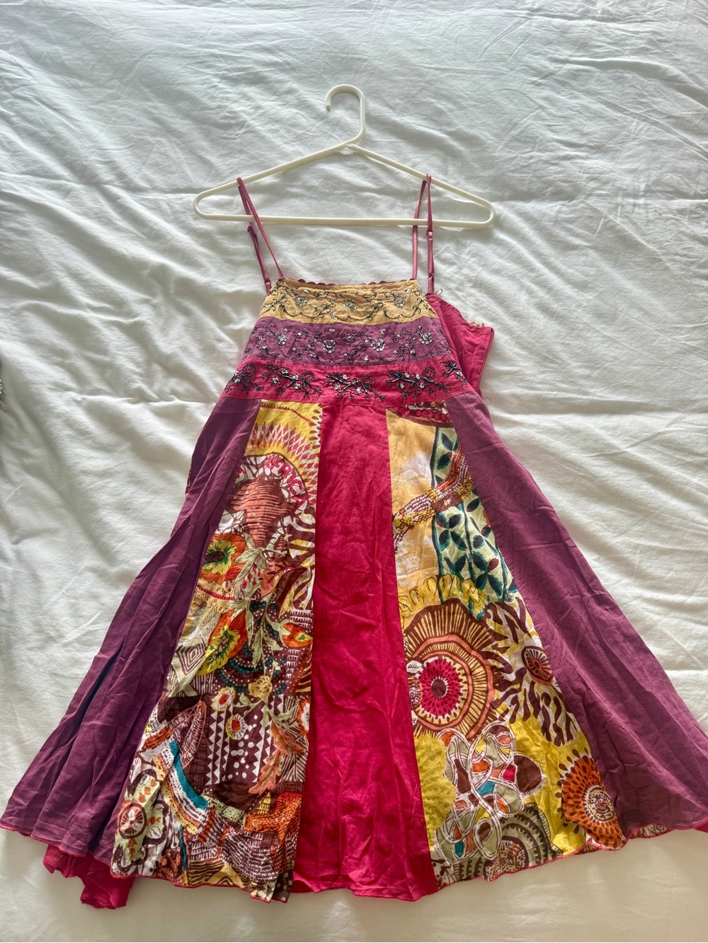 Rare Vintage Boho Fairy Dress 100% Cotton Pink, Purple & Yellow Beaded